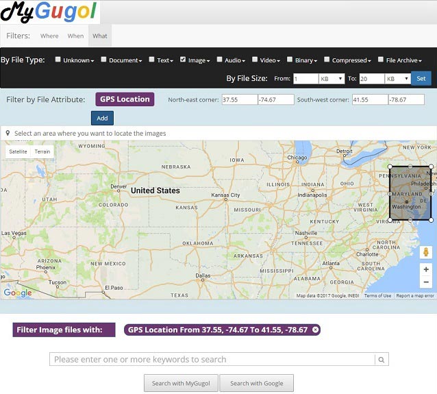 Find photographs taken in a specific region (selected on the map).